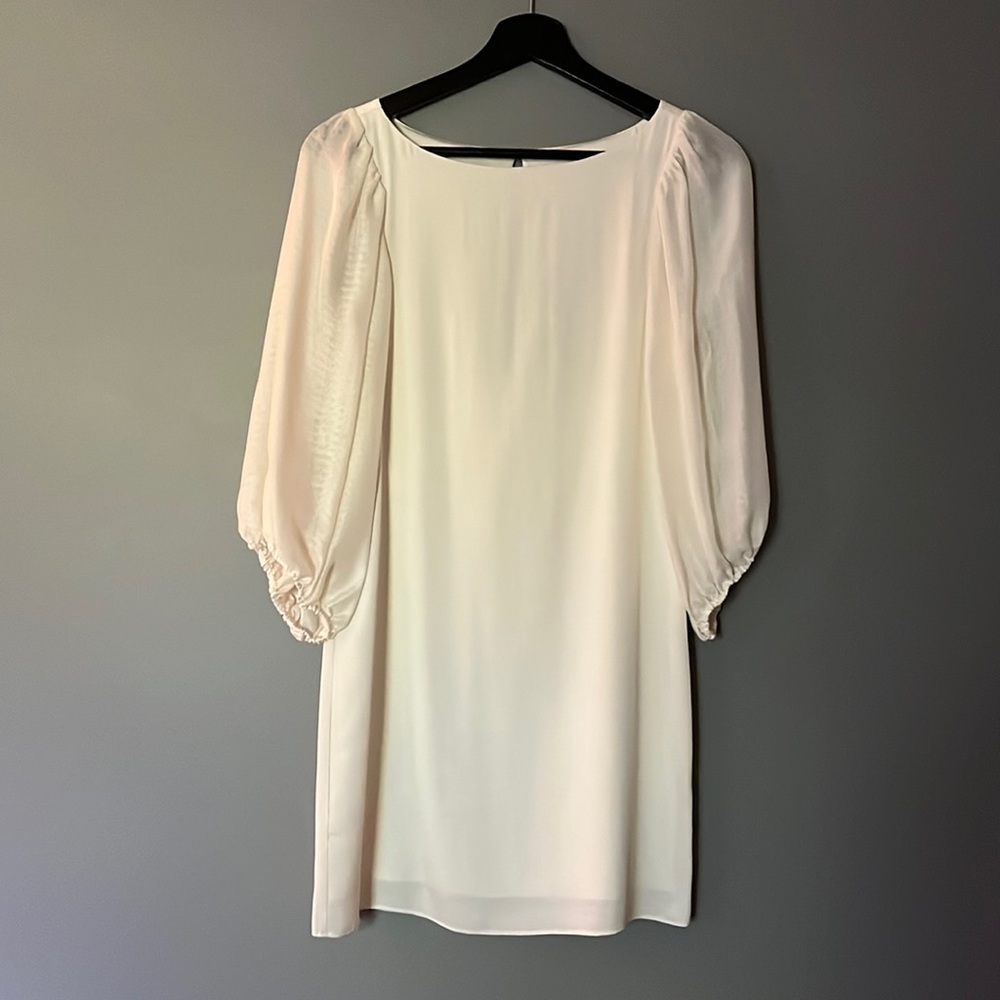 Alice + Olivia White Silk Dress with 3/4 Sheer Sleeves